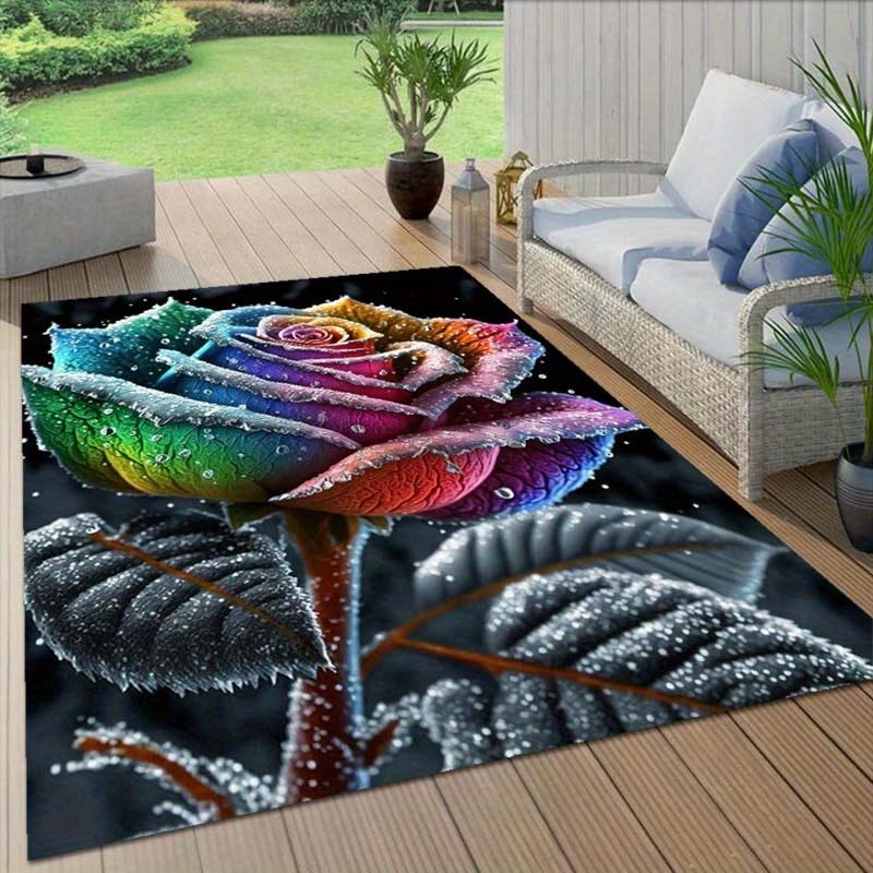 Flannel Printed Rainbow Rose Rug 3D Floral Design Soft Fleece Outdoor Mat Garden Decor Vibrant Art Nature Theme Rugs