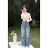 Luxiangnan Women's Blue High-Waisted Wide-Leg Jeans