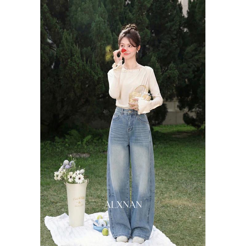 Luxiangnan Women's Blue High-Waisted Wide-Leg Jeans