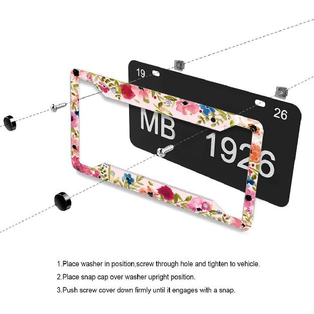 Personalized License Plate Frame Stainless Steels Artistic Flower Pink License Plate Car Tag Holder with 4 Holes and Screws for Women Men Auto
