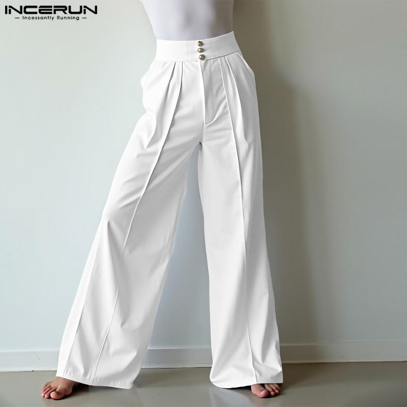 INCERUN Oversized Men Zipper High Waist Solid Casual Wide Leg Pants with Pockets