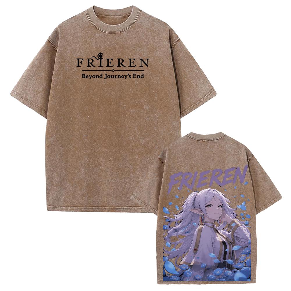 Anime Frieren T-shirt Harajuku Vintage Washed Tees Streetwear Men Women Clothing Short Sleeve Oversized 100% Cotton T Shirt