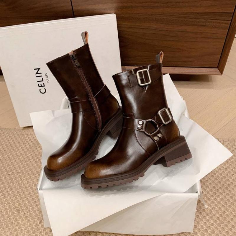New women's leather boots versatile round head rubber platform zipper leather Martin boots autumn and winter cowhide low boots women