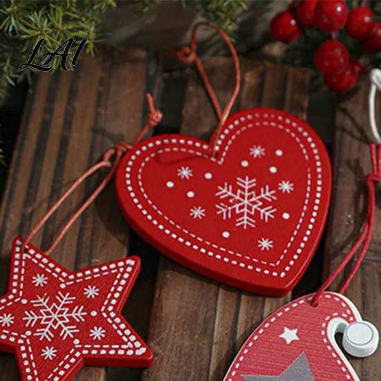 Classic Red White Decorations Christmas Tree Wooden Pendant Vintage Cartoon Ornament with Lanyards Heart Star Shaped Pendants Lightweight