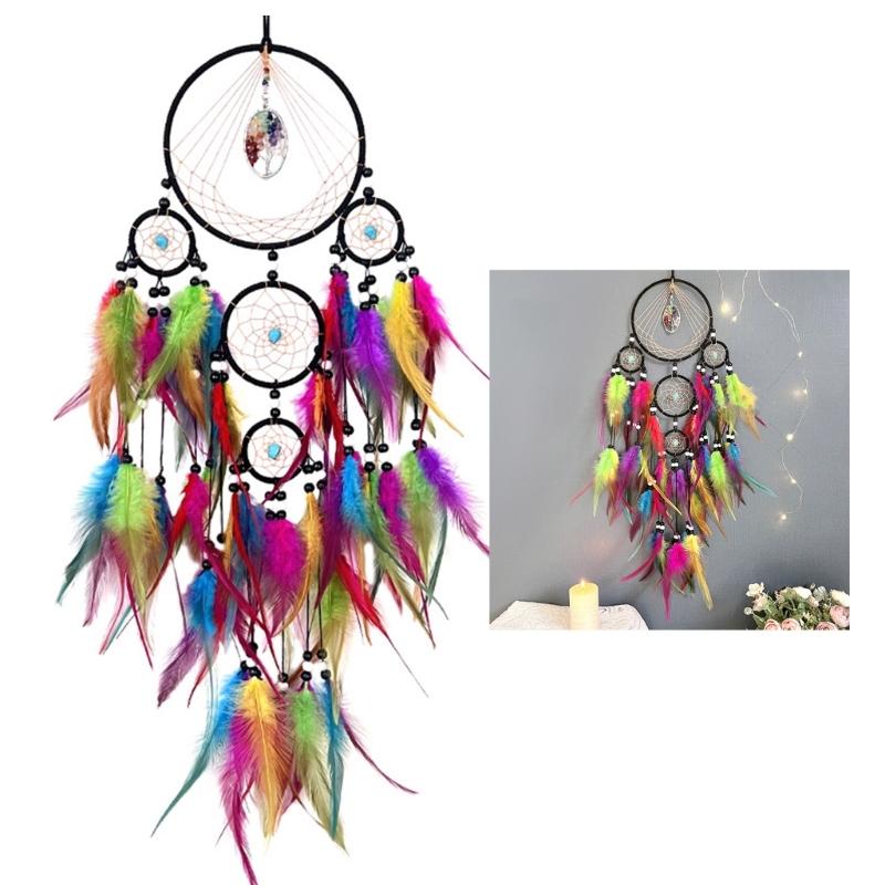 Colorful Crystal Stone Woven Dreamcatchers Wall Art Handmade Feathered Tassels Wall Hanging Ornament for Home Decors