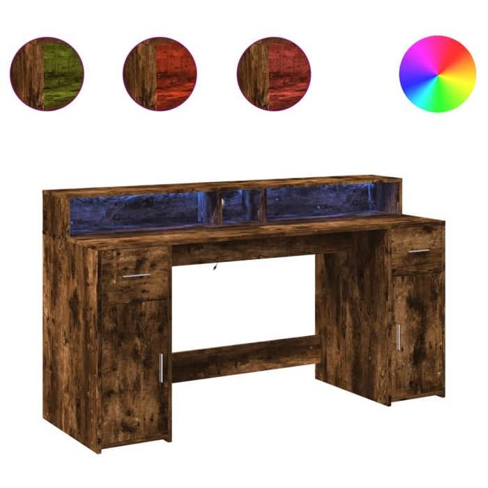 VidaXL Desk and LED Lights Smoked Oak 160x55x91cm Engineered Wood, Work Desk, Study Desk, Office Desk At 3309433