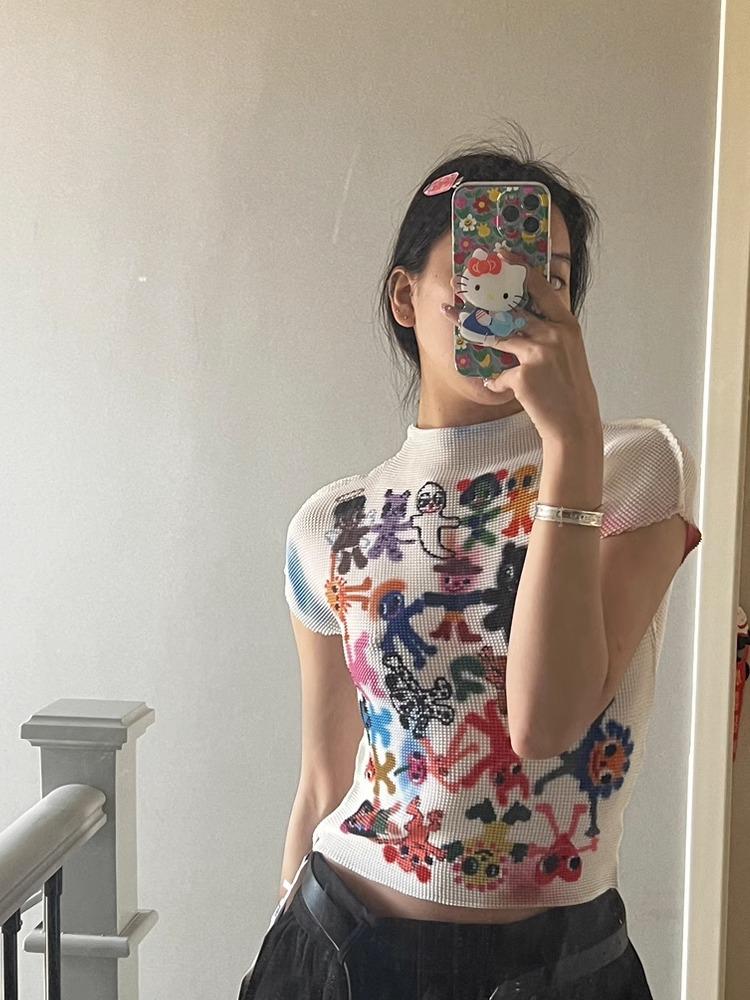 2025 Damenmode Originaldruck Graffiti Schlankmachendes T-Shirt - Kurzarm, Lebhaft & Künstlerisch