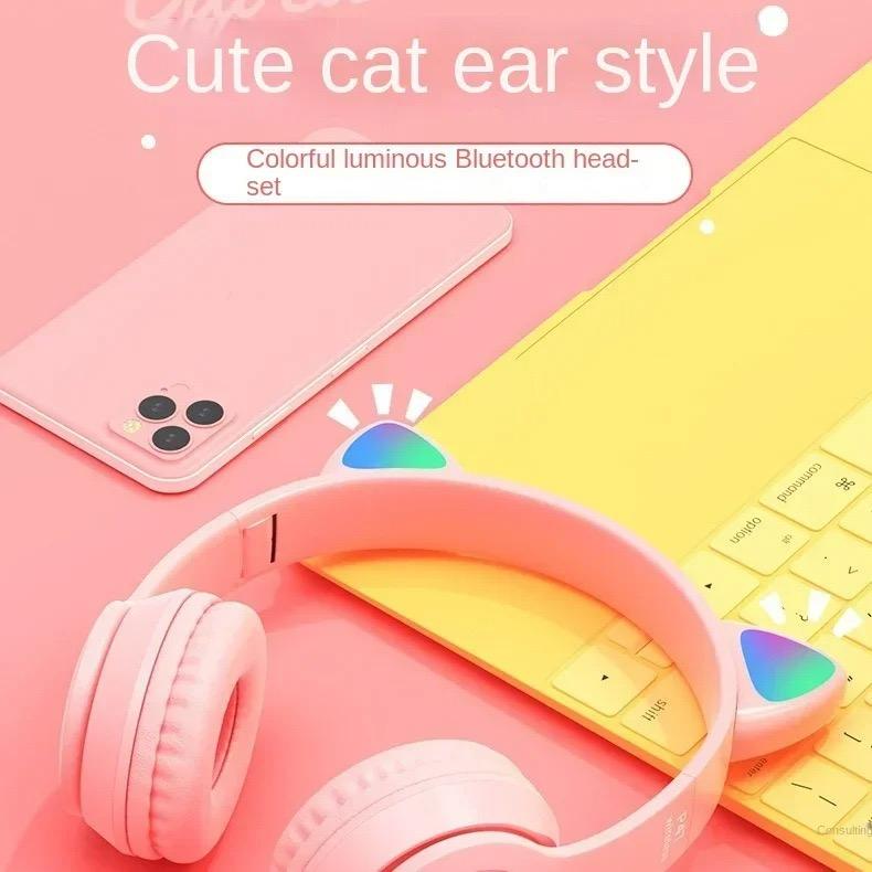 P47M Cat Ear Gaming Headset Wireless Headphones Stereo Bass Bluetooth-Compatible Helmets Cute Over-Ear Headsets