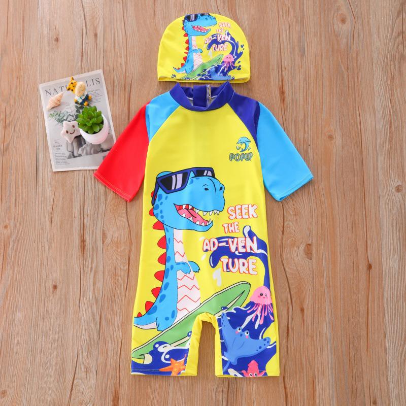 UPF50+ Boys' Cartoon One-Piece Swimsuit for Kids - Sun Protection for Hot Springs & Pools