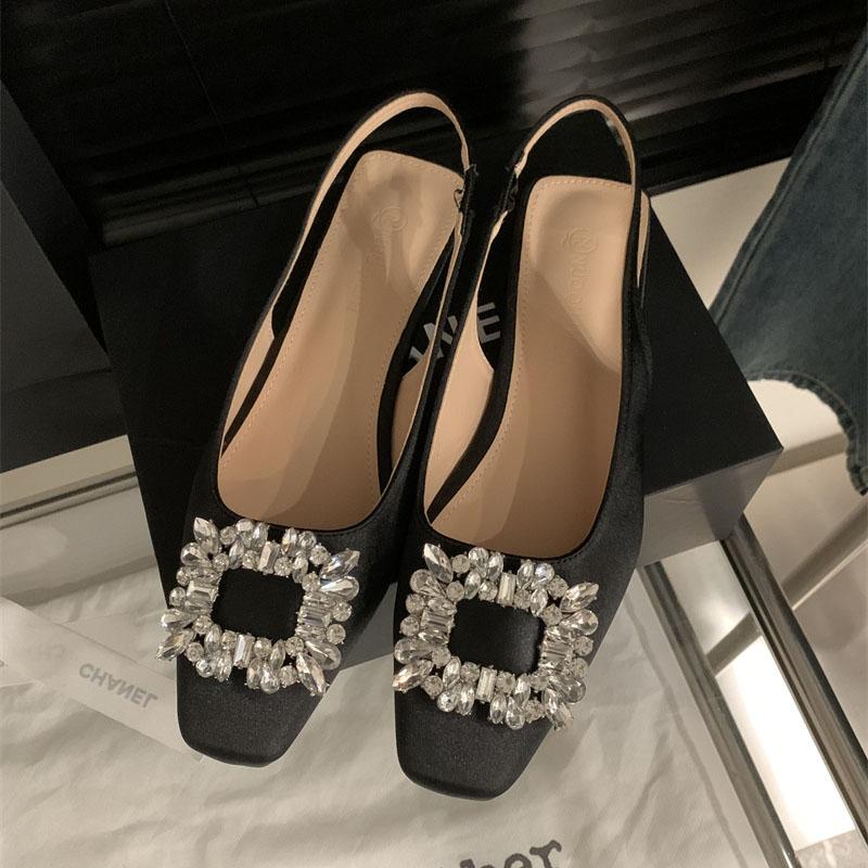 Women's High Heels Spring and Autumn Luxurious Rhinestone Buckle Square Toe Elegant Banquet Slingback Sandals Sandalias De Mujer