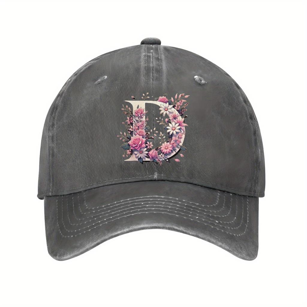 Floral Letter D Baseball Cap Unisex Casual Cotton Adjustable Distressed Outdoor Cap