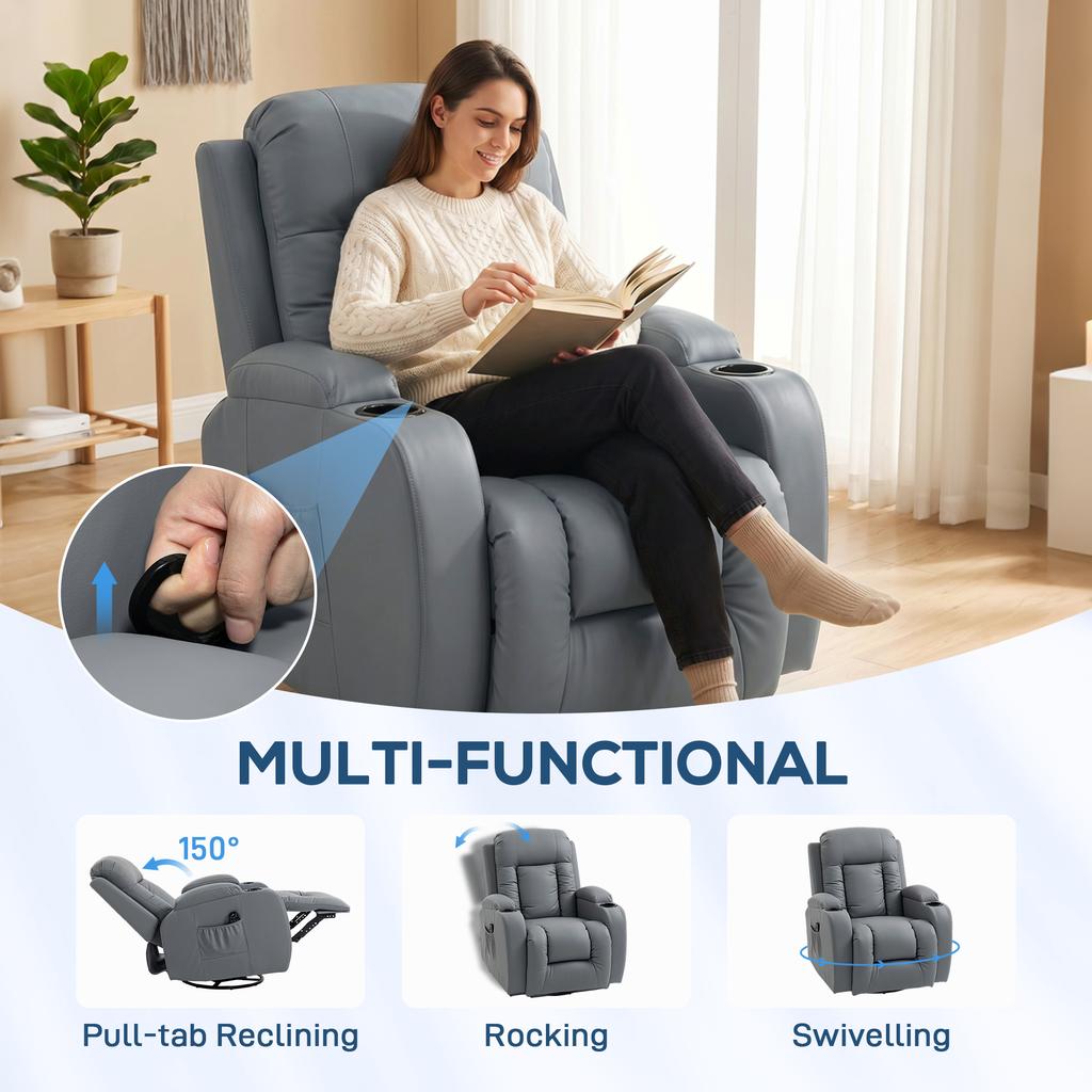 Massage Recliner Armchair, PU Leather Recliner Chair, Grey