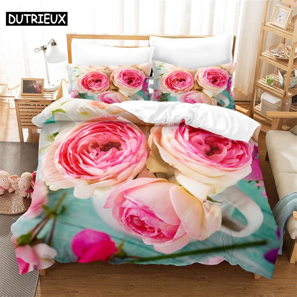 Rosenrosa Verliebte Queen Bettwäsche-Set Bettbezug Kinderzimmer Bett-Set Deckenbezug-Set King-Size Bettbezug-Set Bettwäsche-Sets
