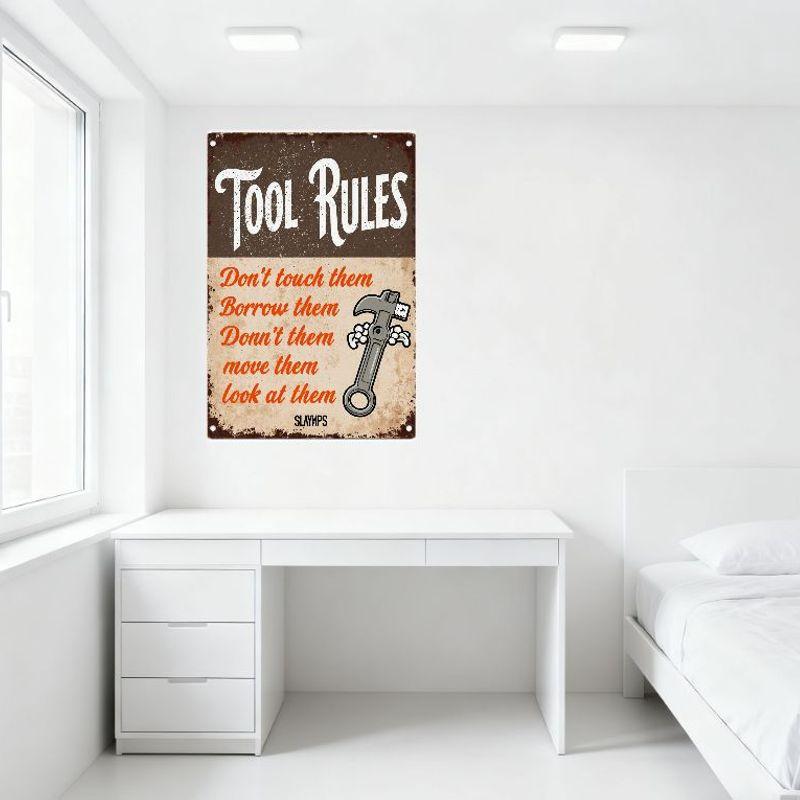 Vintage Rusty Tool Rules Metal Tin Sign Distressed Wrench Illustration SLYNGPS for Man Cave Home Decor