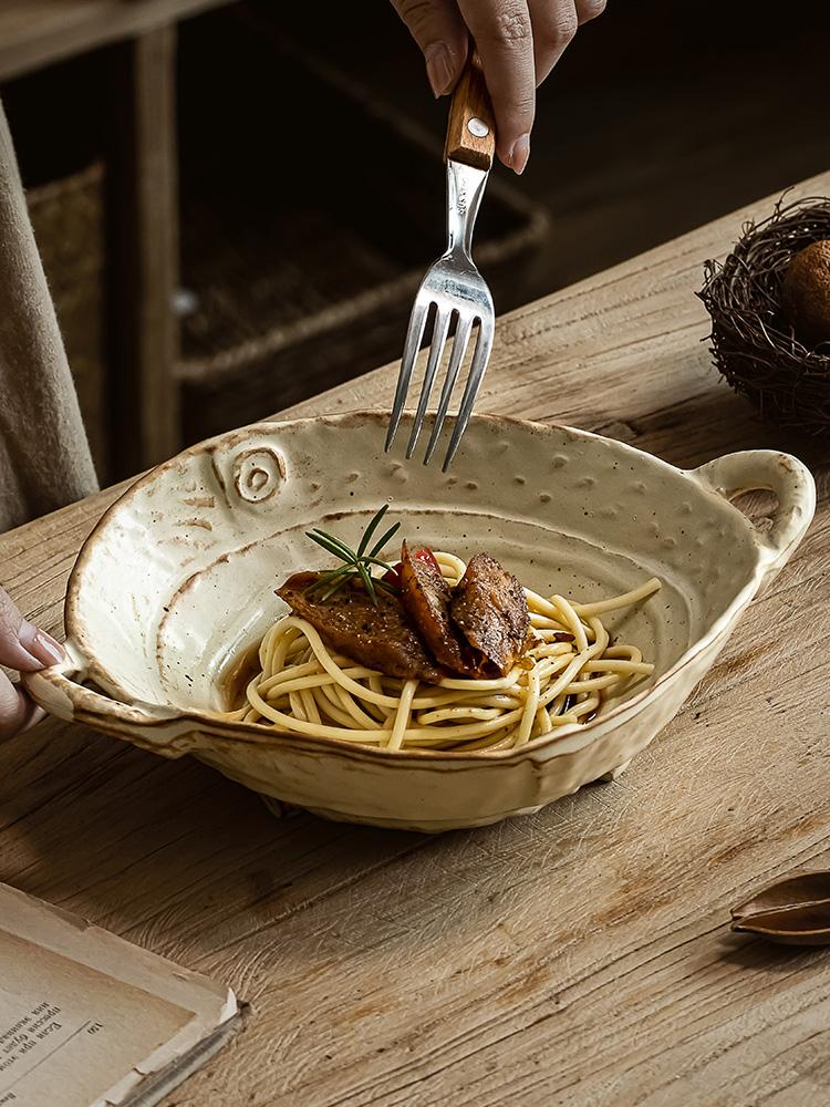 Coarse earthenware plate, Japanese retro ceramic double-ear plate, salad plate, household handcrafted fruit plate, salad bowl