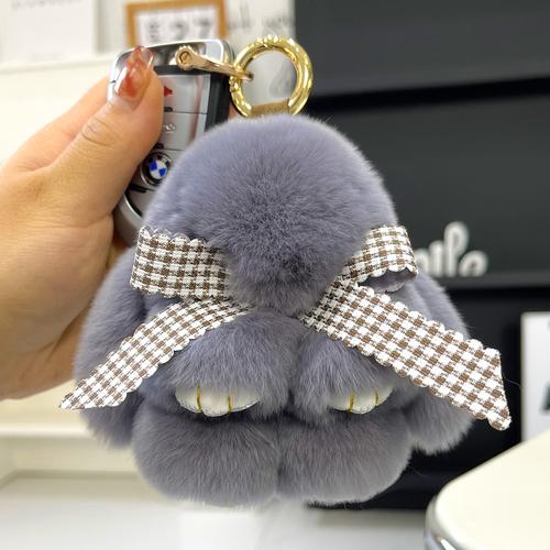 Real Rex Rabbit Hair Bowknot Little Rabbit Car Key Chain Pendant Cute Plush Drop Ear Rabbit Doll Bag Pendant