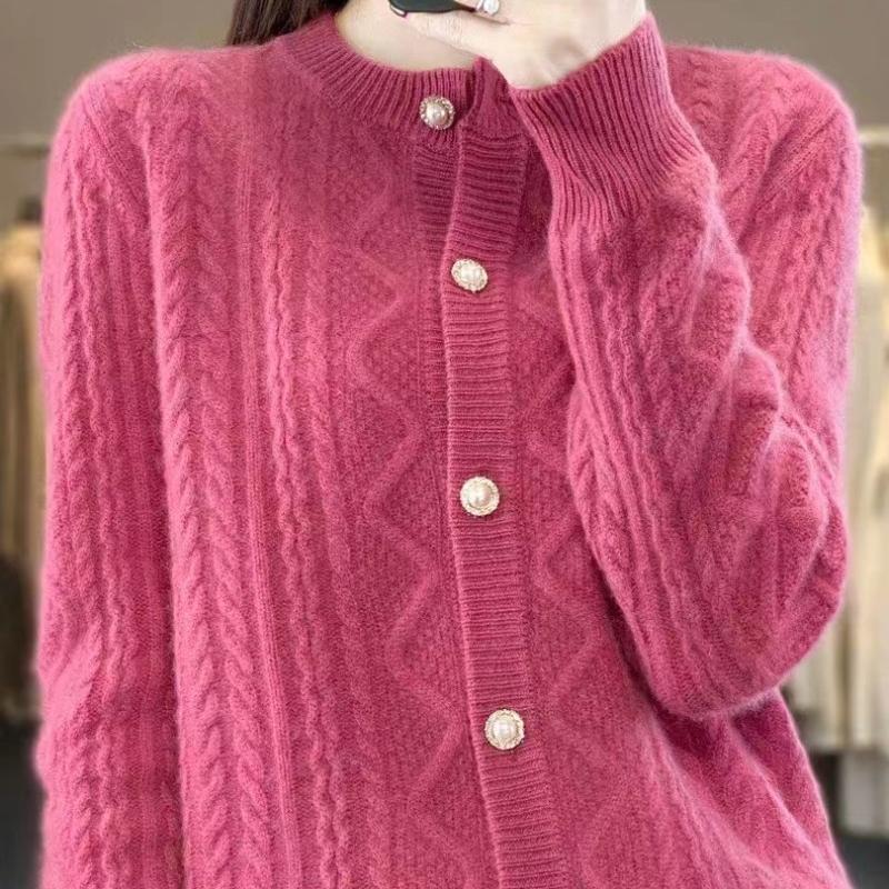 QICED Spring O-Neck Twist Sweater Coat Long Sleeve Stand Collar Solid Color Knitted Cardigan Blouse