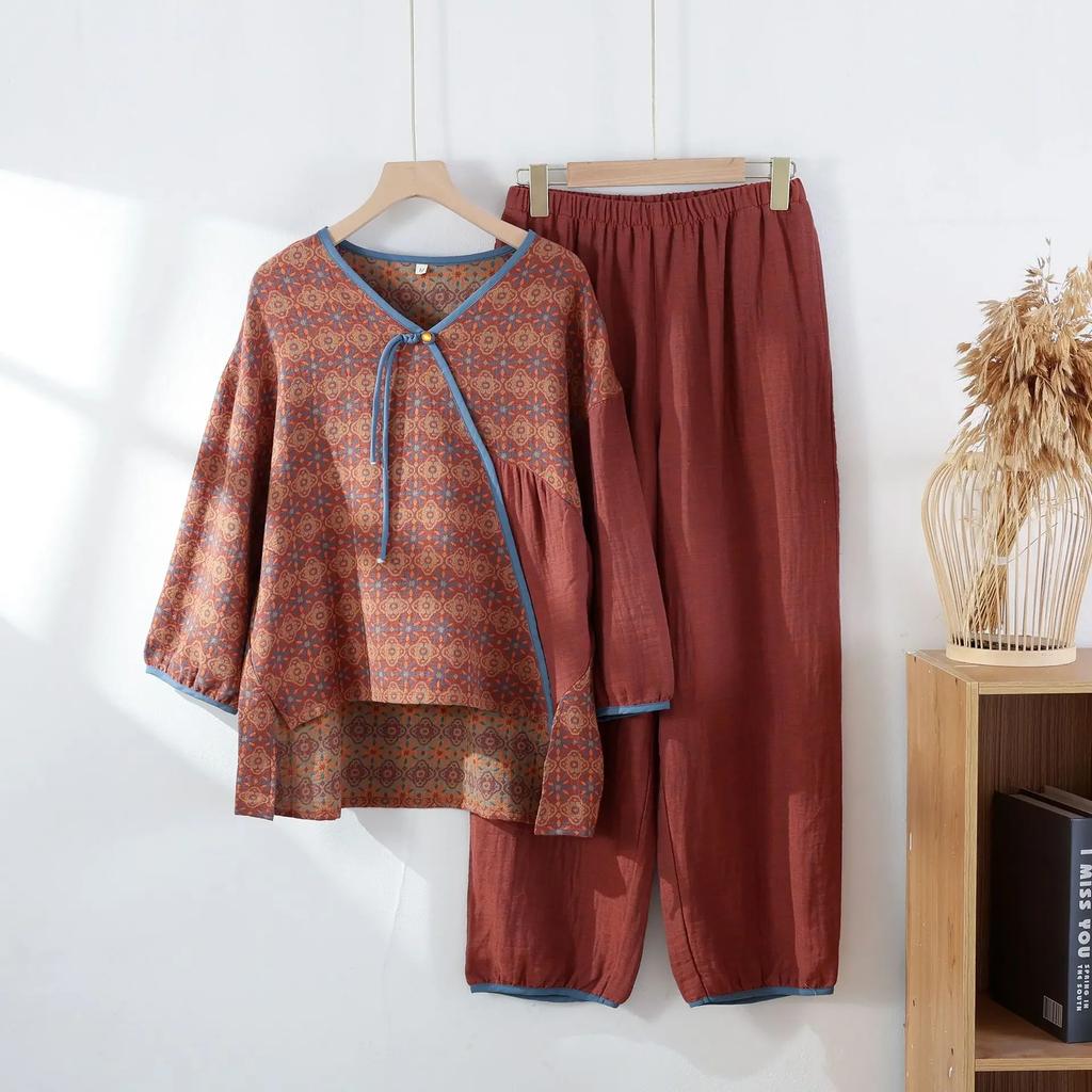 Baumwollpyjama im chinesischen Stil für Damen, doppellagige Gaze, langärmelige Hose, Loungewear, V-Ausschnitt, Heimkleidung, 2-teiliges Set