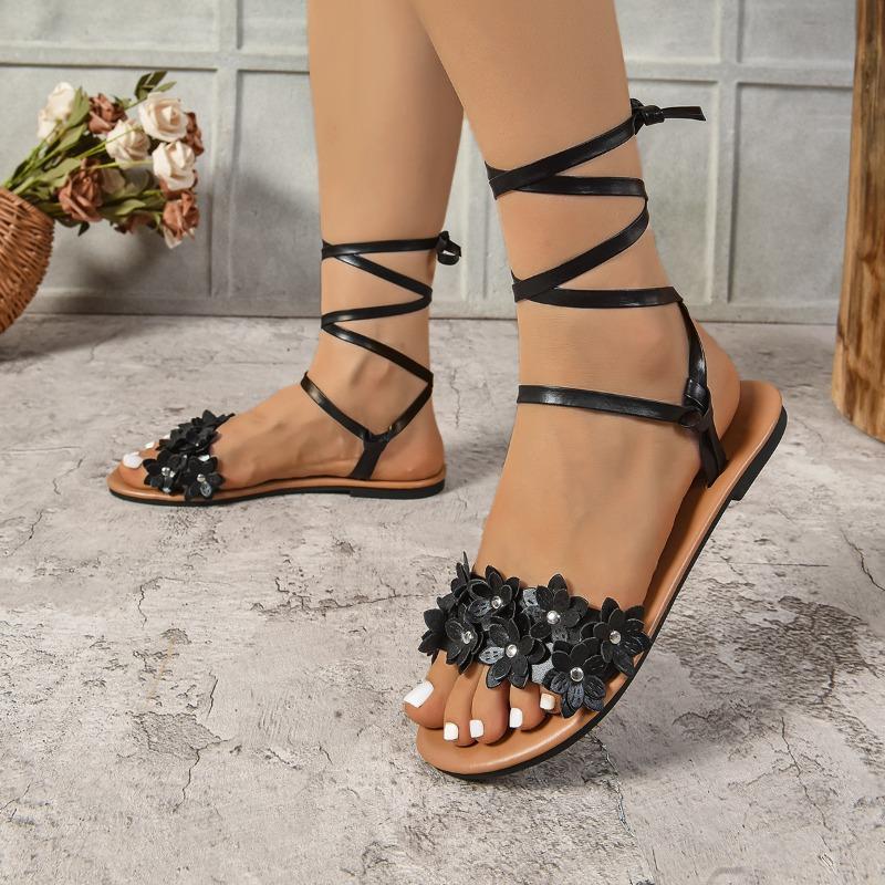 Fashion Flower Crystal Lace Up Women Flats Shoes Fashion Elegant New Summer Sandals 2025 Classical Slippers Walking Sandalias De Mujer