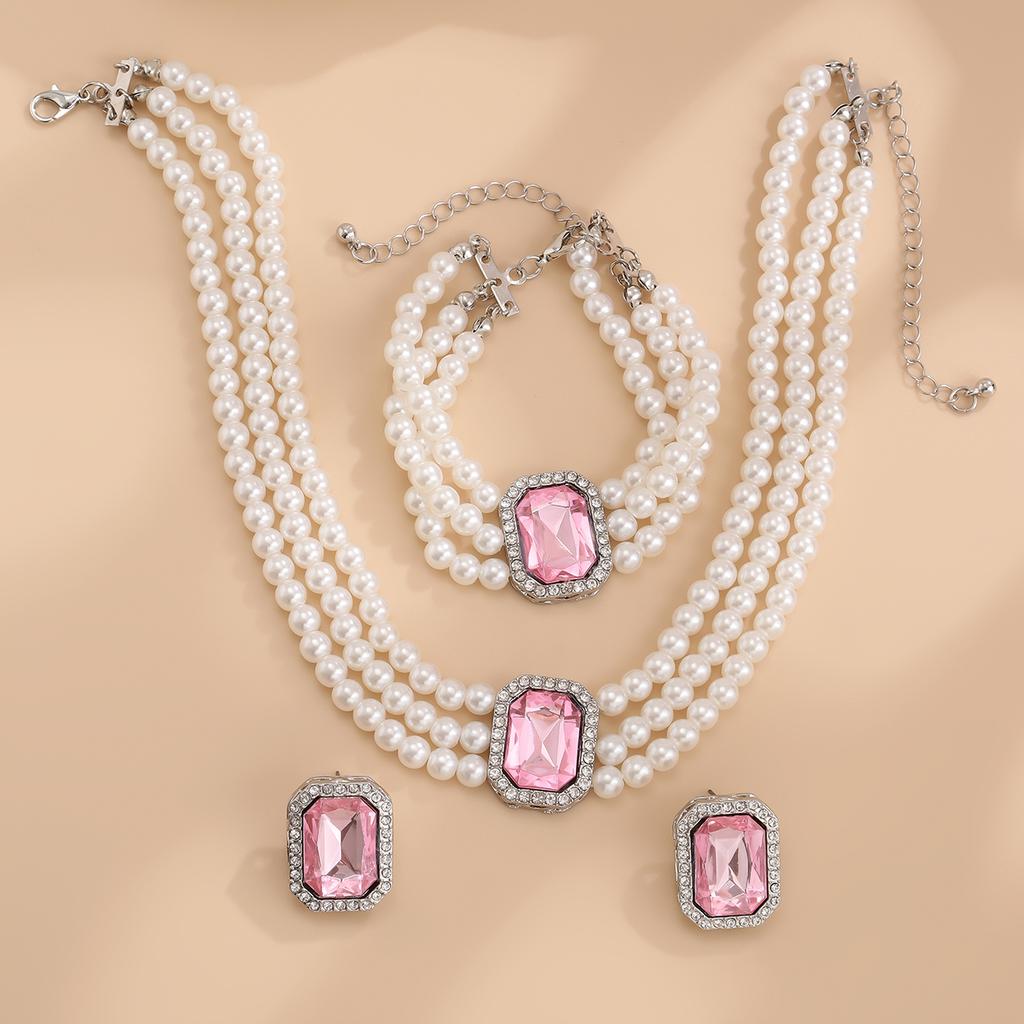 Salircon Fashion Elegant Blue Zircon Imitation Pearl Necklace Bracelets Earings Set for Women Temperament Wedding Bride Jewelry