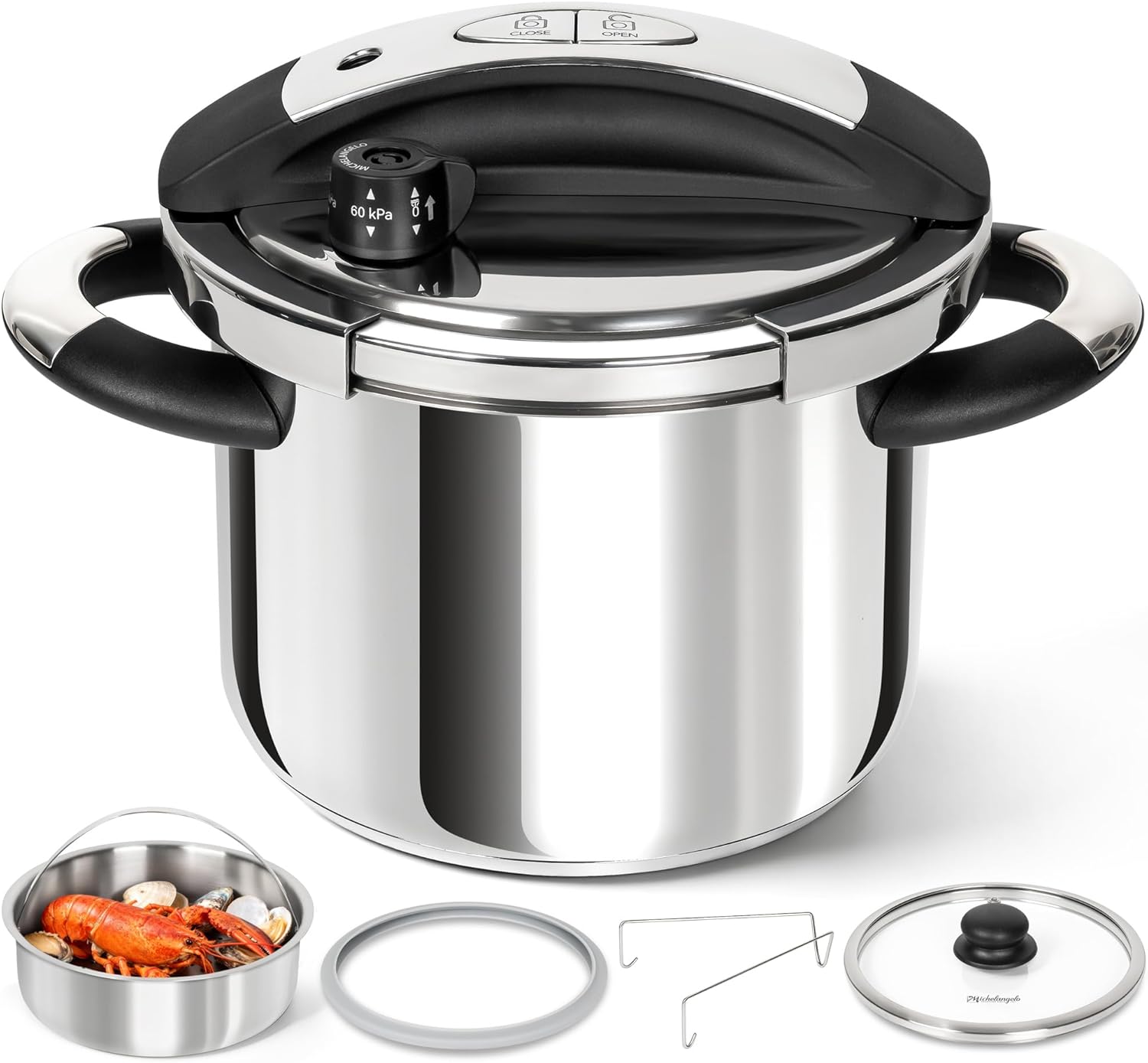 MICHELANGELO Black Classic Pressure Cooker Pot 3L 6L Stainless Steel Induction Gas Stove Compatible Home Kitchen Cookware