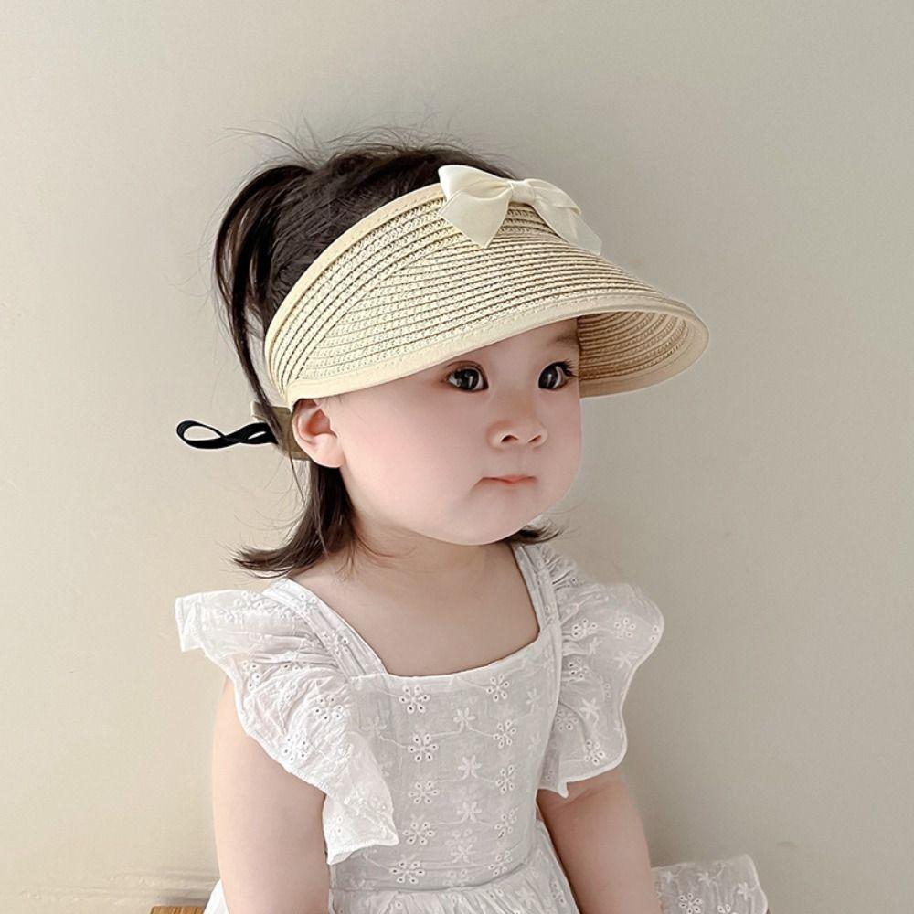 Korean Bow Straw Hat Empty Top Visor Cap Fashion Baby Straw Caps  Kids