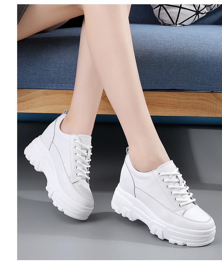 8cm Leather Microfiber Women Casual Shoes Platform Wedge Hidden Heel Summer Shoes Platform Chunky Sneakeers Fashion White