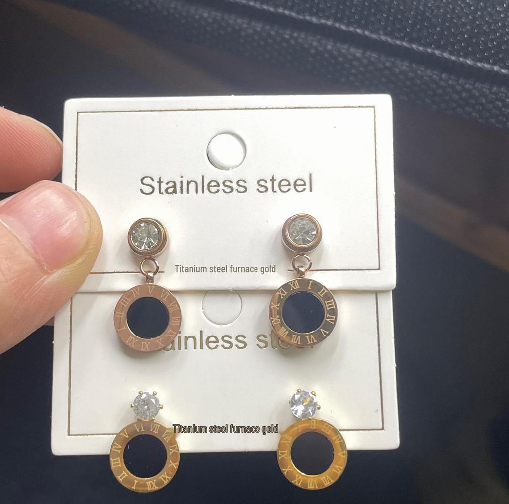 Black Rhinestone Round Stud Earrings, Rose Gold-Plated Titanium Steel, Simple Korean Style Women's Jewelry