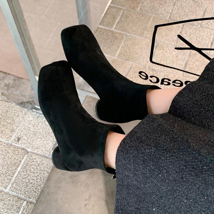 2025 Autumn and Winter New Suede Leather Boots Square Head Thick Heel Fashion Short Boots Thick Heel Medium Heel Elastic Cloth Boots