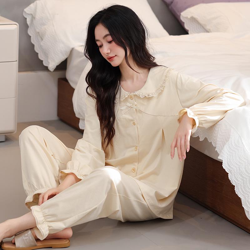 Women's Cotton Pajama Set: Cardigan, Long Sleeve, Long Pants with Chest Pad – Fashionable and Casual Autumn Homewear