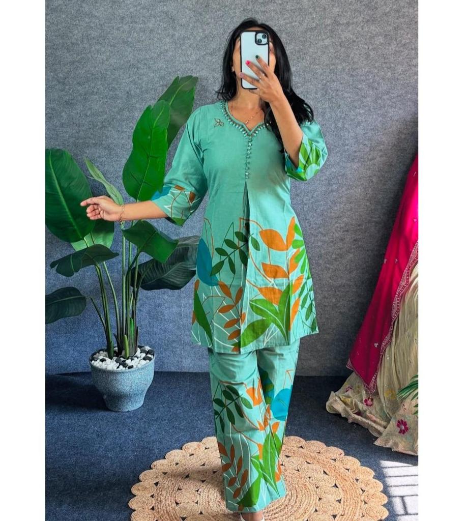 Indian Women Designer Cotton Flex Kurta Pant Cord Set Party Wear Top Tunic Kurti Dress