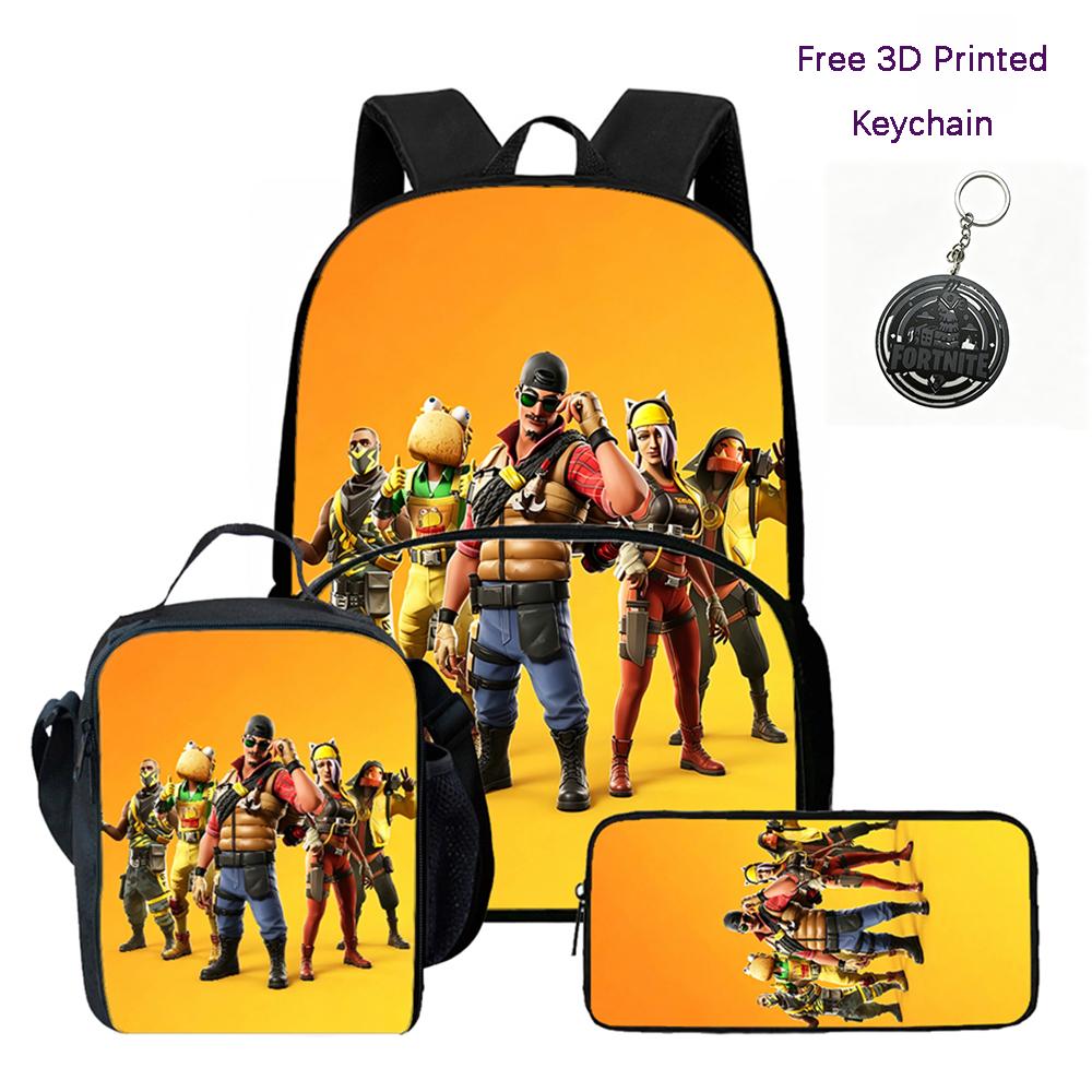 FORTNITE 3Pcs School Kit Lightweight Backpack Front Pocket Lunch Pouch Pencil Bag For Kids Age 6-10,Free 3D Printed Keychain