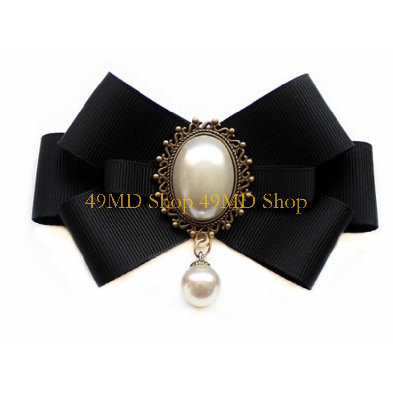 49MD Pearl Ribbon Brooch Pin Bow Tie Vintage Pre-Tied Collar Jewelry Bowknot Necktie