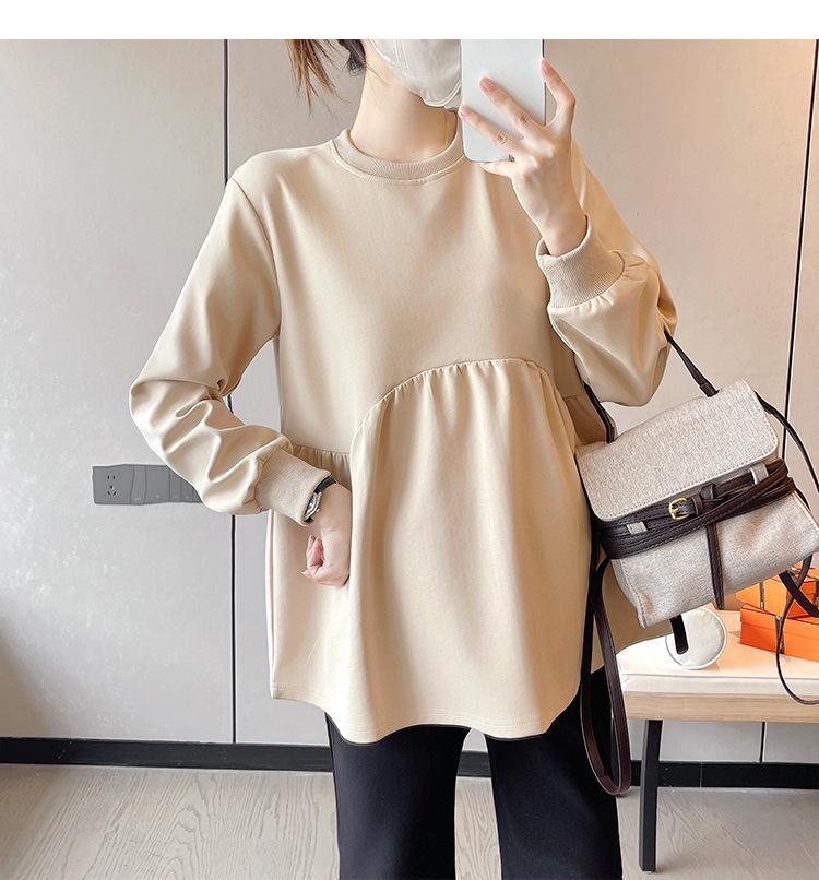 Korean Style Khaki Babydoll Maternity Sweatsuit with Micro Flared Pants for Spring/Autumn