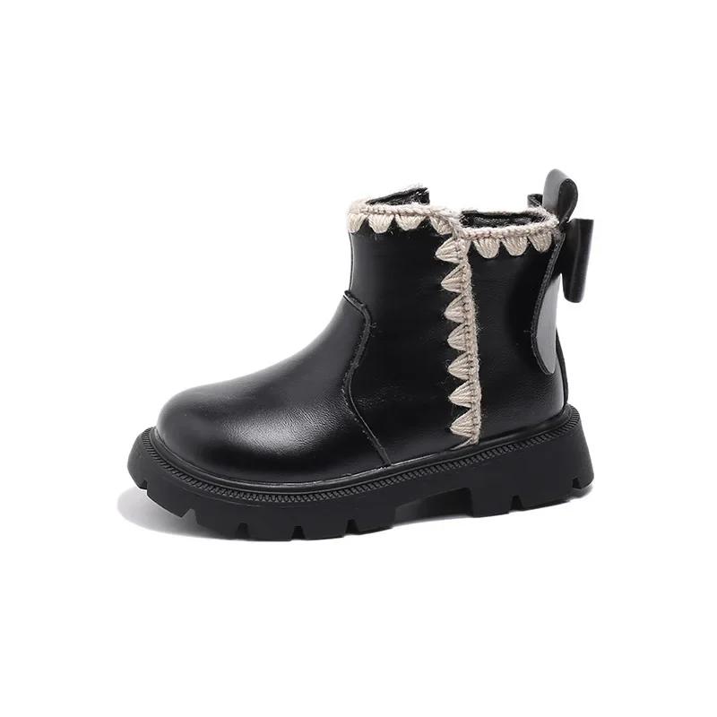 2024 Children Short Boots for Girls Winter New Fashion Korean Style Soft Sole Anti-slippery Versatile Sweeet Bowtie Leather Shoe