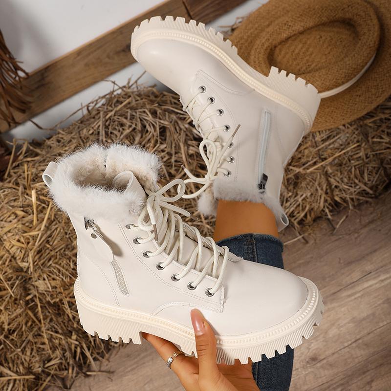 Fashion Autumn Winter Plush Warm Ankle Boots Women Fashion Solid Color PU Leather Short Boots Woman Plus Size Non Slip Platform Booties