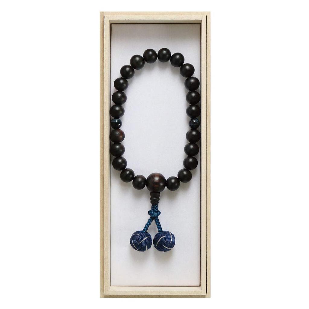 Men's Buddhist Prayer Beads, Informal, Kyoto Style, Suitable for All Sects, Unpolished, Striped Ebony, Niten, Blue Tiger's Eye Stone, Rikyu Bonten,