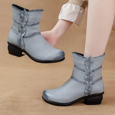 Real Cow Leather Shoes Plus Size 42 Women's Retro Blue Ankle Boots Ladies Luxury Heels Snow Shoes Winter Waterproof Plush Boots