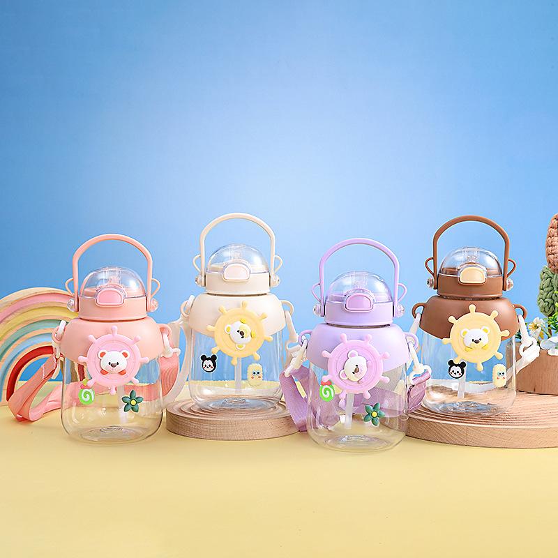 Water bottle spot PP plastic water cup children's handle cartoon cat ear water cup outdoor sports portable straw cup LOGO