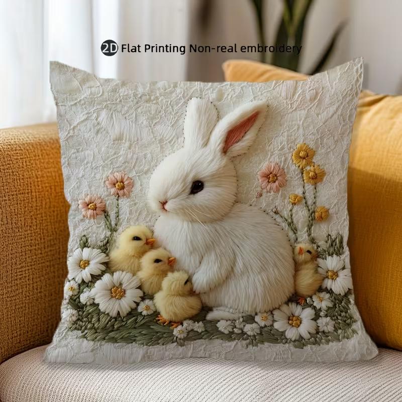 1 Stück Osterhase Kissenbezug Frühling Blumen Kissenbezug Hase Küken und Ei Druck Festival Sofa Kissenbezug Heimdekoration