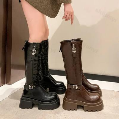 Ritterstiefel für Damen Retro Braun Gürtelschnalle Motorradstiefel Runde Spitze Hohe Damenstiefel Damen Plateau-Schuhe für Damen
