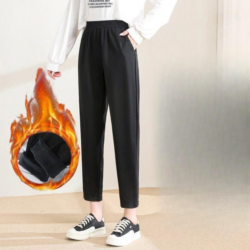 Black Trousers for Women In Autumn and Winter, Thickened with Fleece, Loose, Halon Elastic Waist, 9-inch Casual Pants