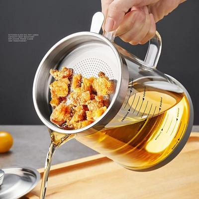 Recipiente con filtro de aceite de vidrio de 1,5 l y 1L, separador de aceite, colador de malla fina, dispositivo de almacenamiento de tanque, cosas útiles para cocina