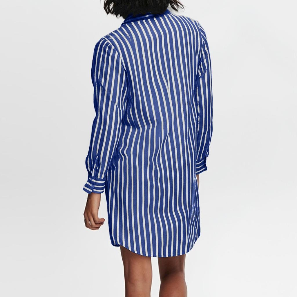 Ladies' Fashionable Striped Lapel Casual Long Sleeved Loose And Comfortable Button Up Dress