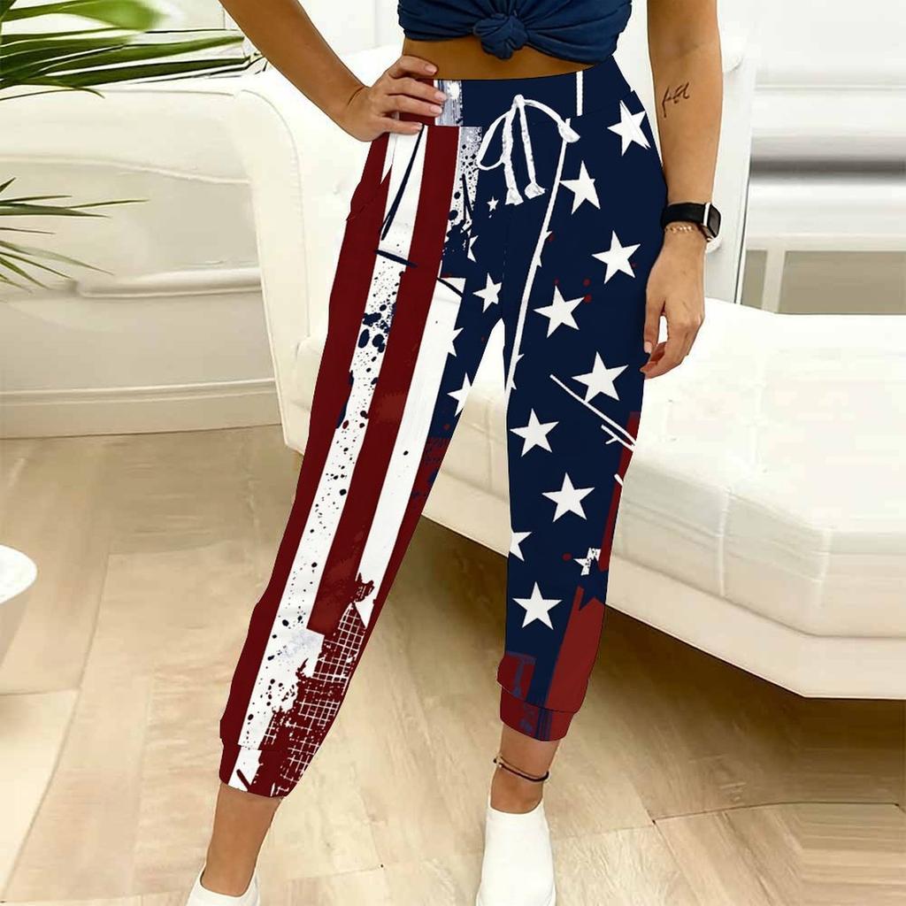 Summer Ladies  United States Printed Sweatpants Loose Fit Drawstring Joggers Elastic Cuff Daily Casual Pants
