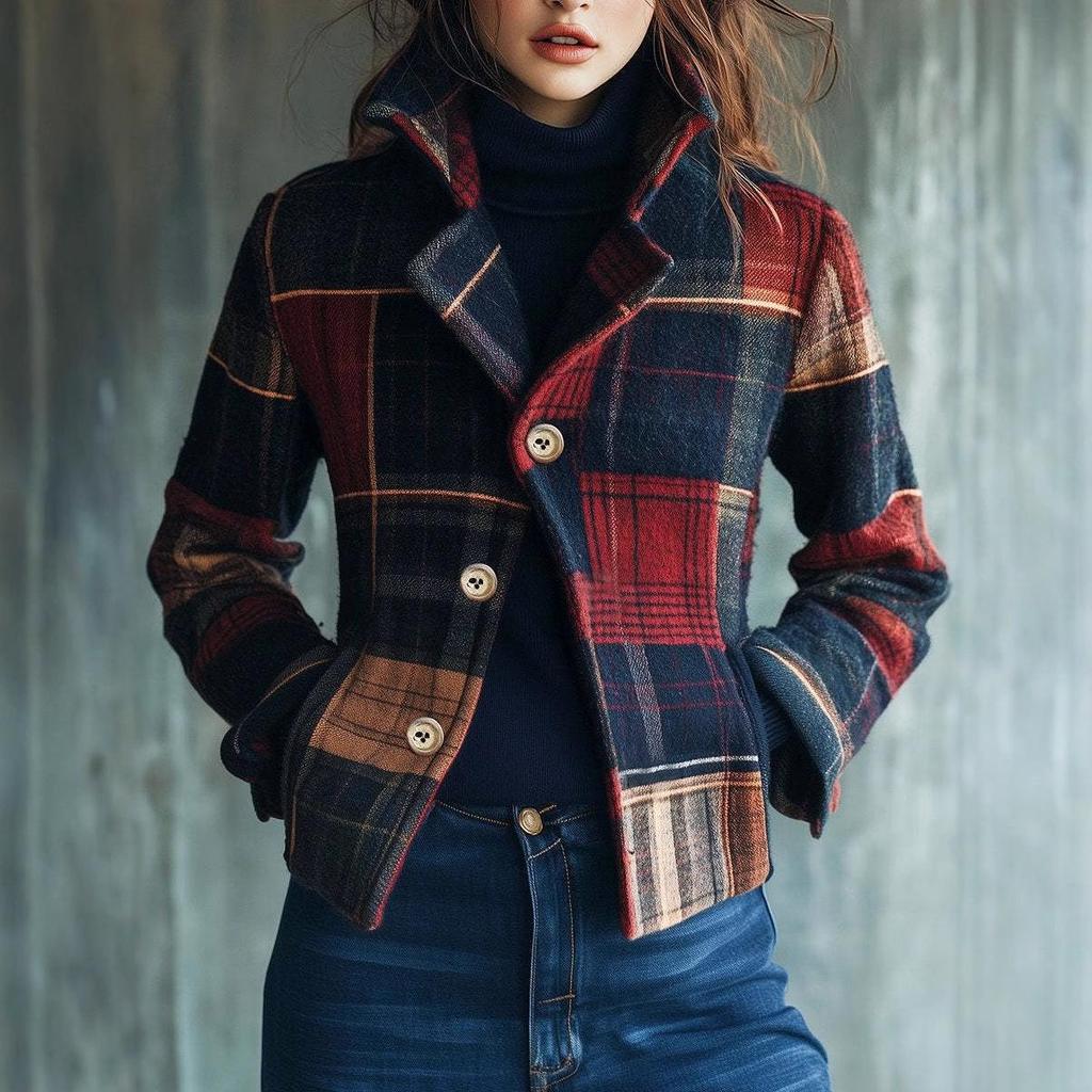 2025 Women's Plaid Retro Warm Coat - Autumn/Winter Stand-Up Collar Patchwork Blazer