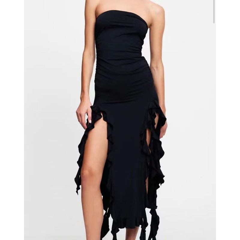 

Fashion New Holiday Sexy Tube Top Ruffles Slit Female Dress Sexy Bra Slit Dress Black S