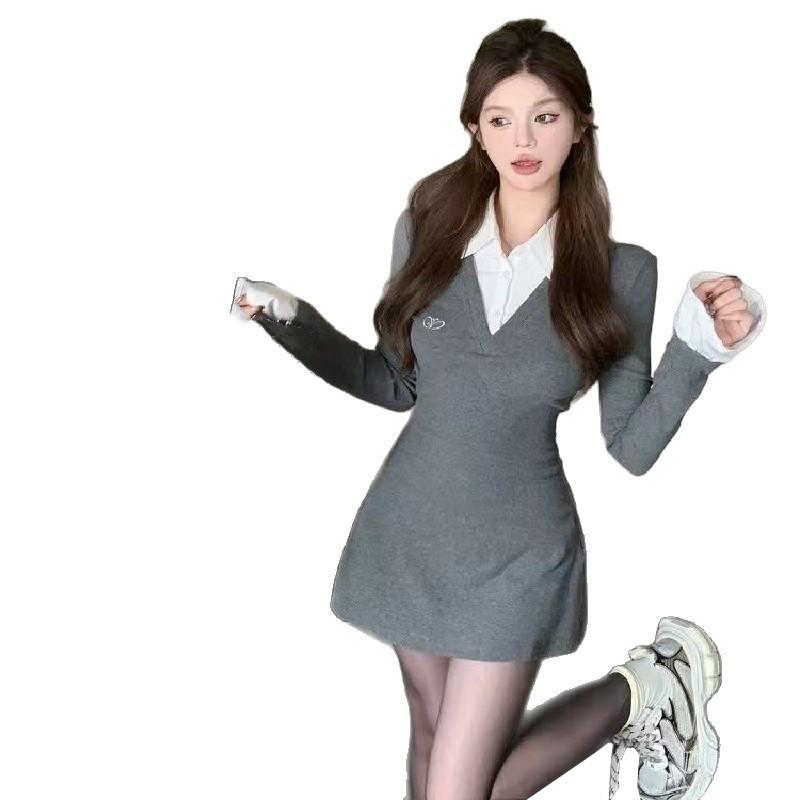 Zweiteiliges Hemdblusenkleid im College-Stil für Damen: Frühling/Herbst, Sexy, Taillenbetonend, Figurschmeichelnd, Little Mama Rock, Reine Begierde.