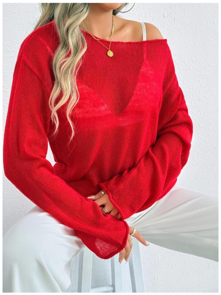 Cross-Border Casual Loose Knit Hollow Sweater: Women's Lightweight Bell Sleeve, Round Neck, Solid Color