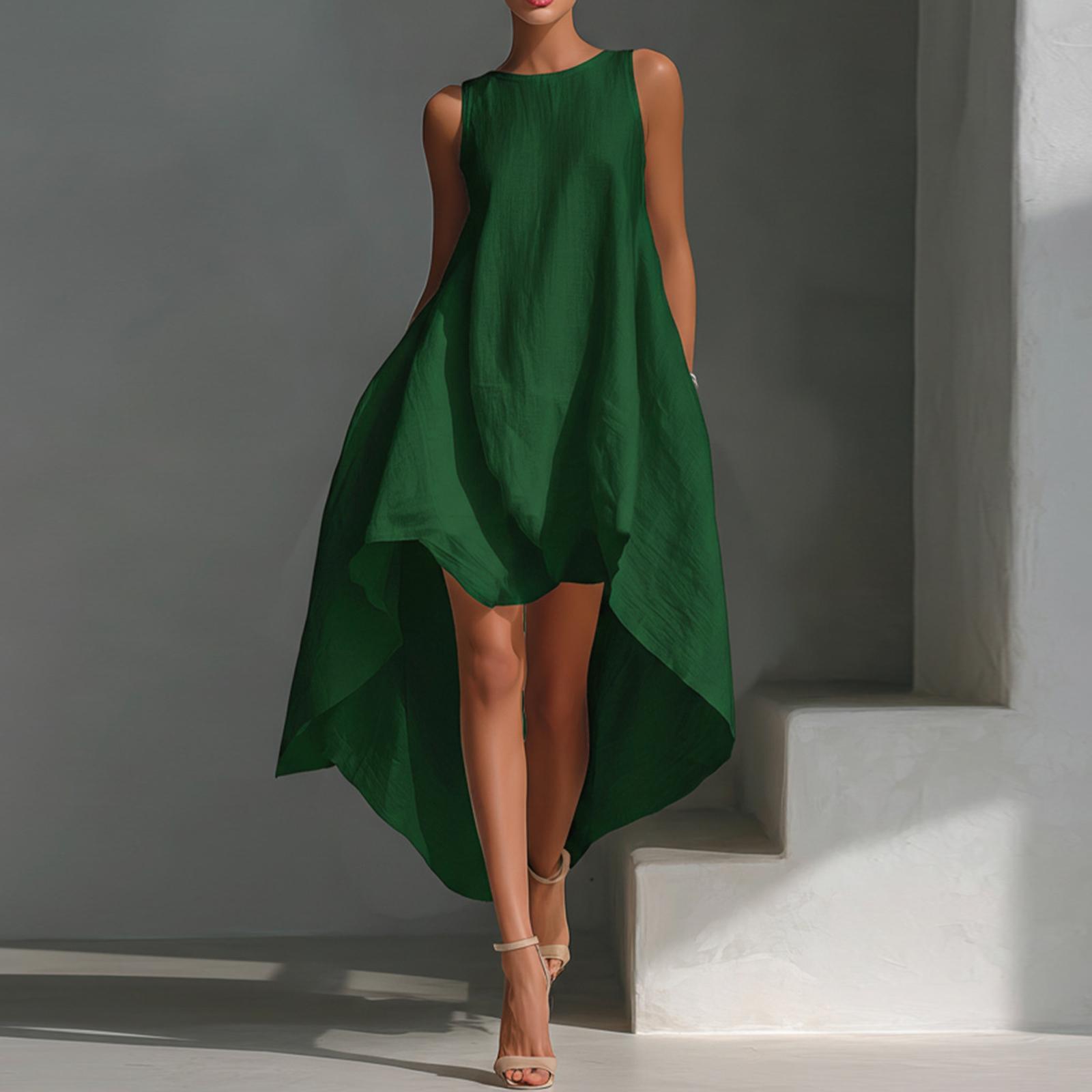 

Women s Color Cotton Linen Irregular Sleeveless Dress With Short Front And Long Back S зелёный